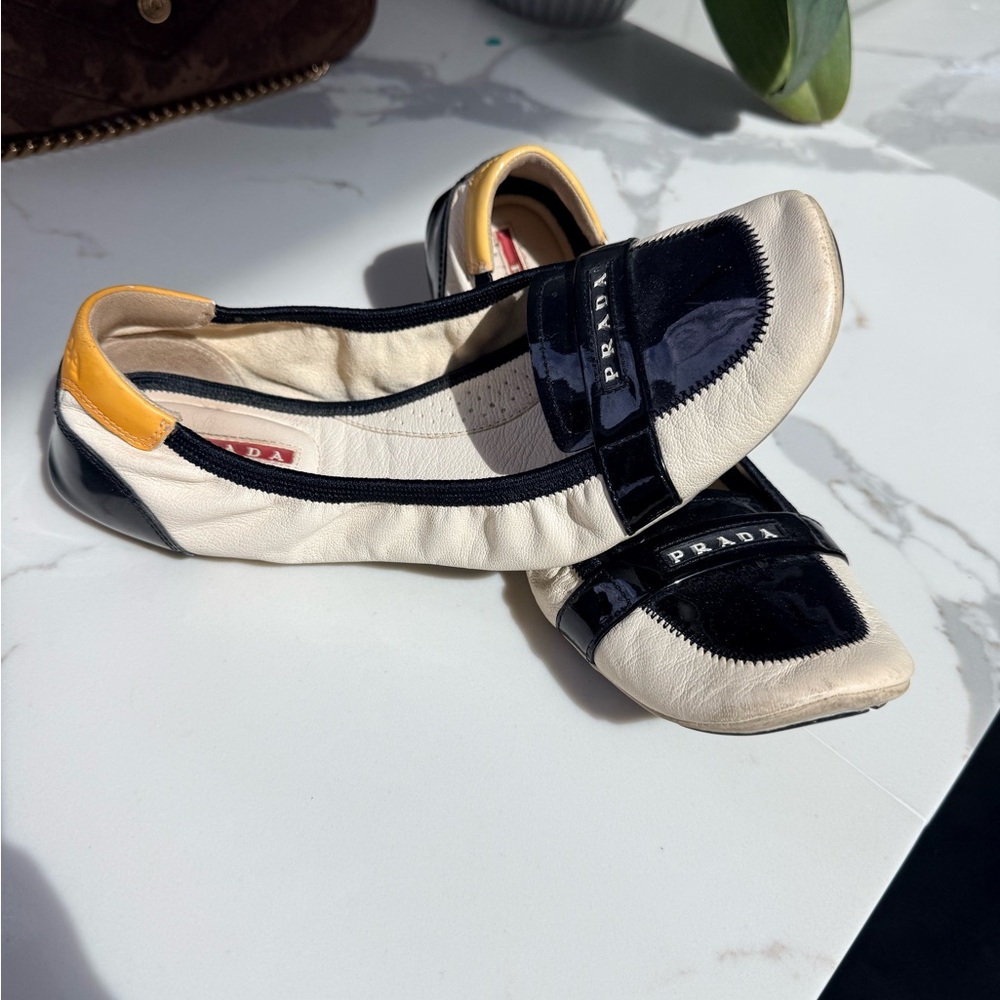 Prada Cream, Black & Yellow Leather Ballet Flats